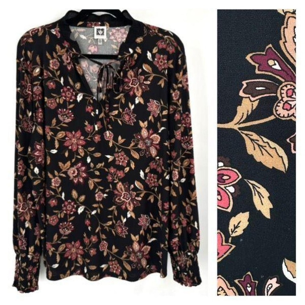 Anne Klein Women's Chianti Rose Floral Ruffle Smocked Wrist Neck Blouse